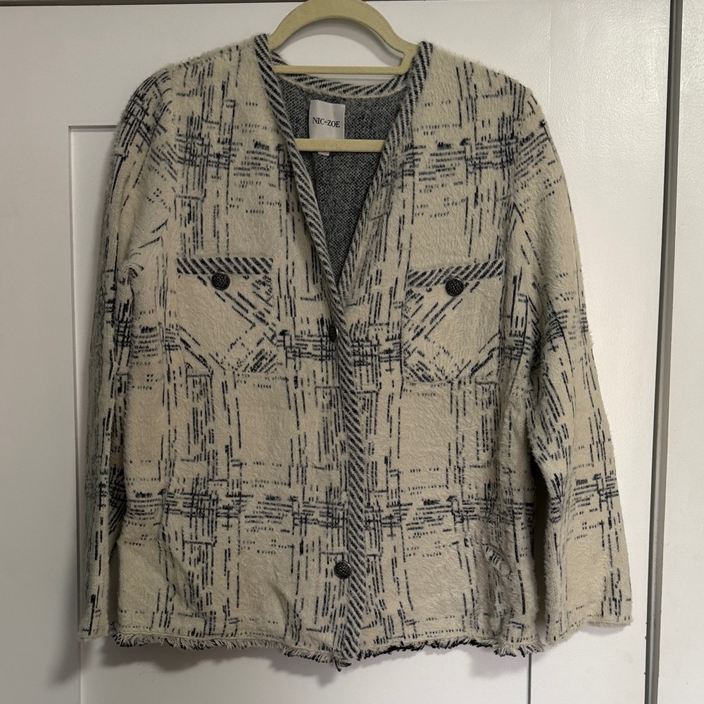 NIC+ZOE Cream and Black Plaid Teddy Jacket